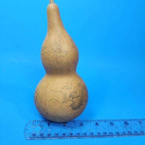 Chinese Carved Dragon Gourd Branched Horns Writing 7 in. High Real - Picture 7 of 10
